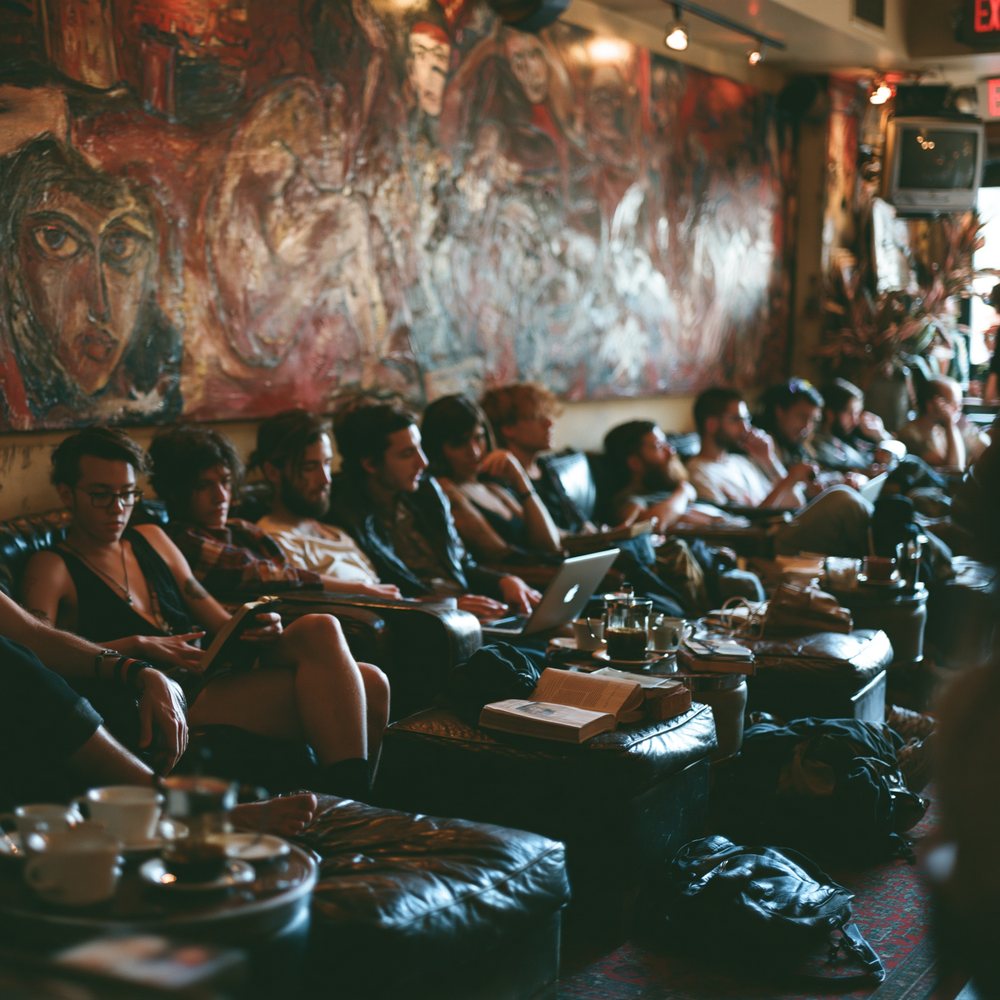 A tight cluster of patrons gathered in discussion at Cafe Socialist