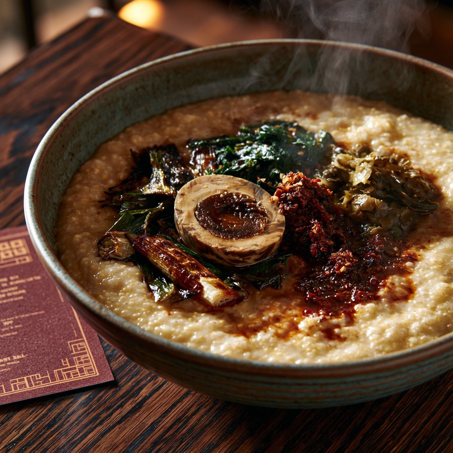 The Iron Rice Bowl: golden millet congee with tea egg, scallion, chili crisp, and pickled greens