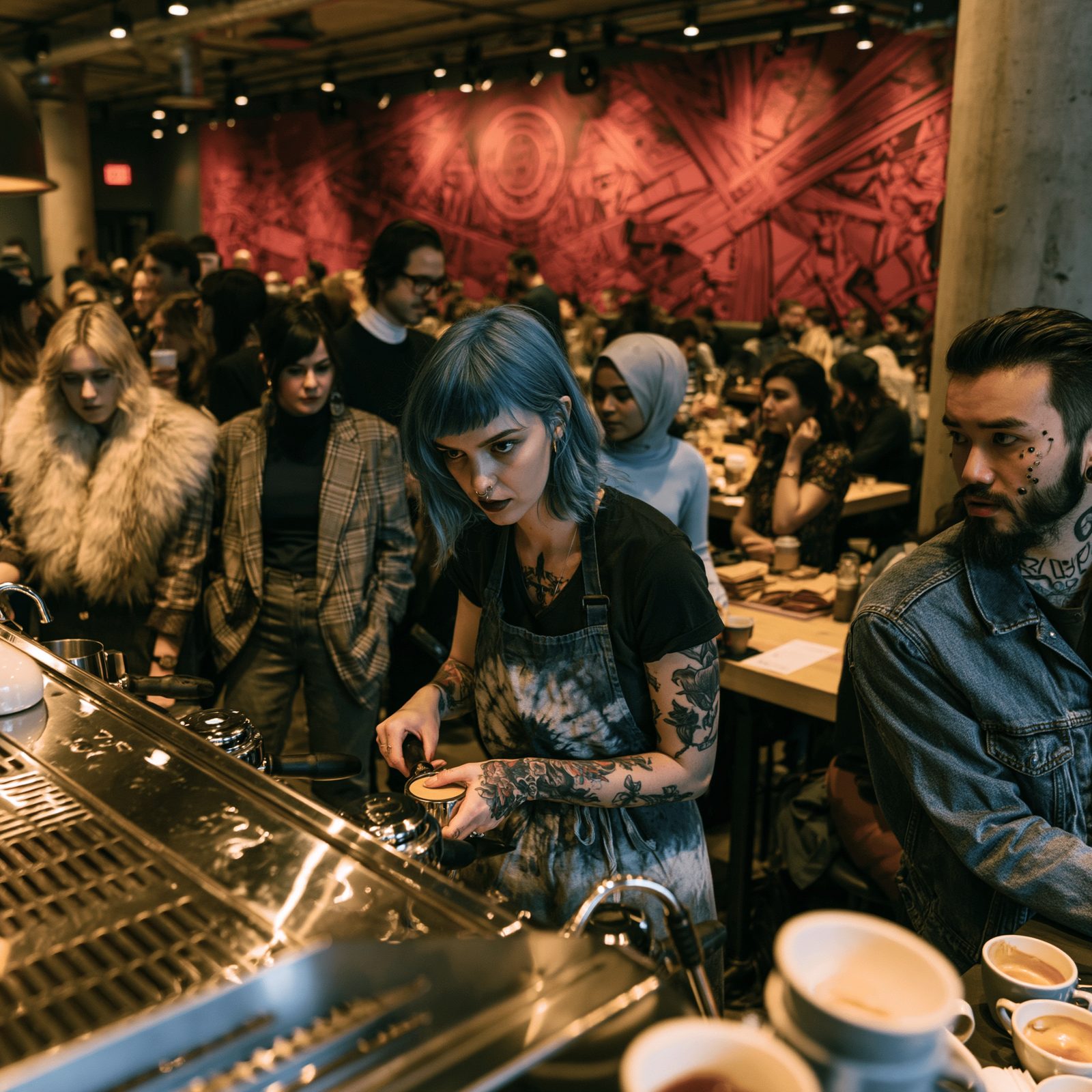 Packed interior of Cafe Socialist, patrons at communal tables beneath constructivist murals and hanging bulbs