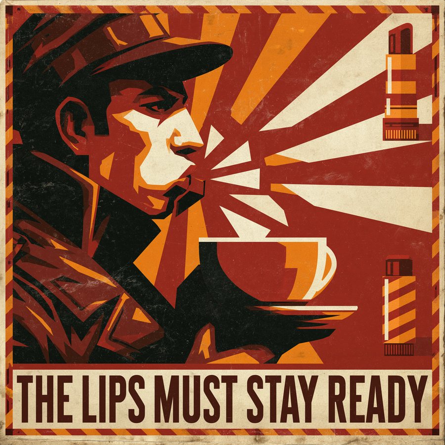Constructivist workplace safety poster of a worker blowing across a steaming cup, headlined THE LIPS MUST STAY READY