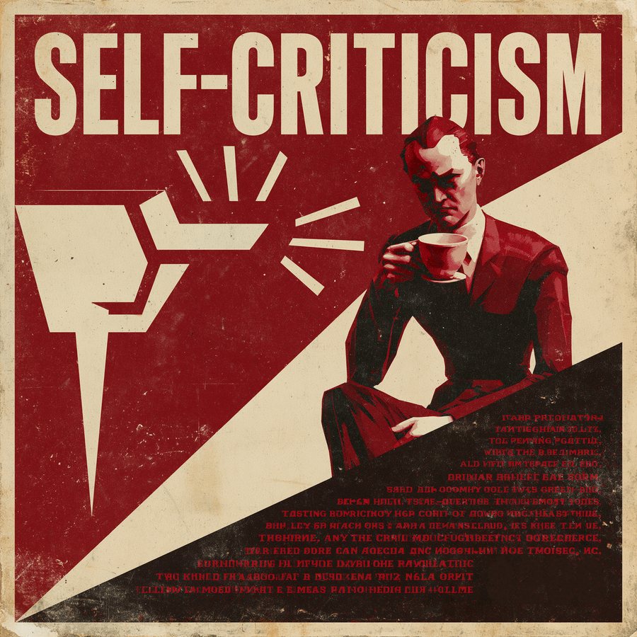 Constructivist propaganda print: a figure reflecting over a cup of coffee beneath the headline SELF-CRITICISM