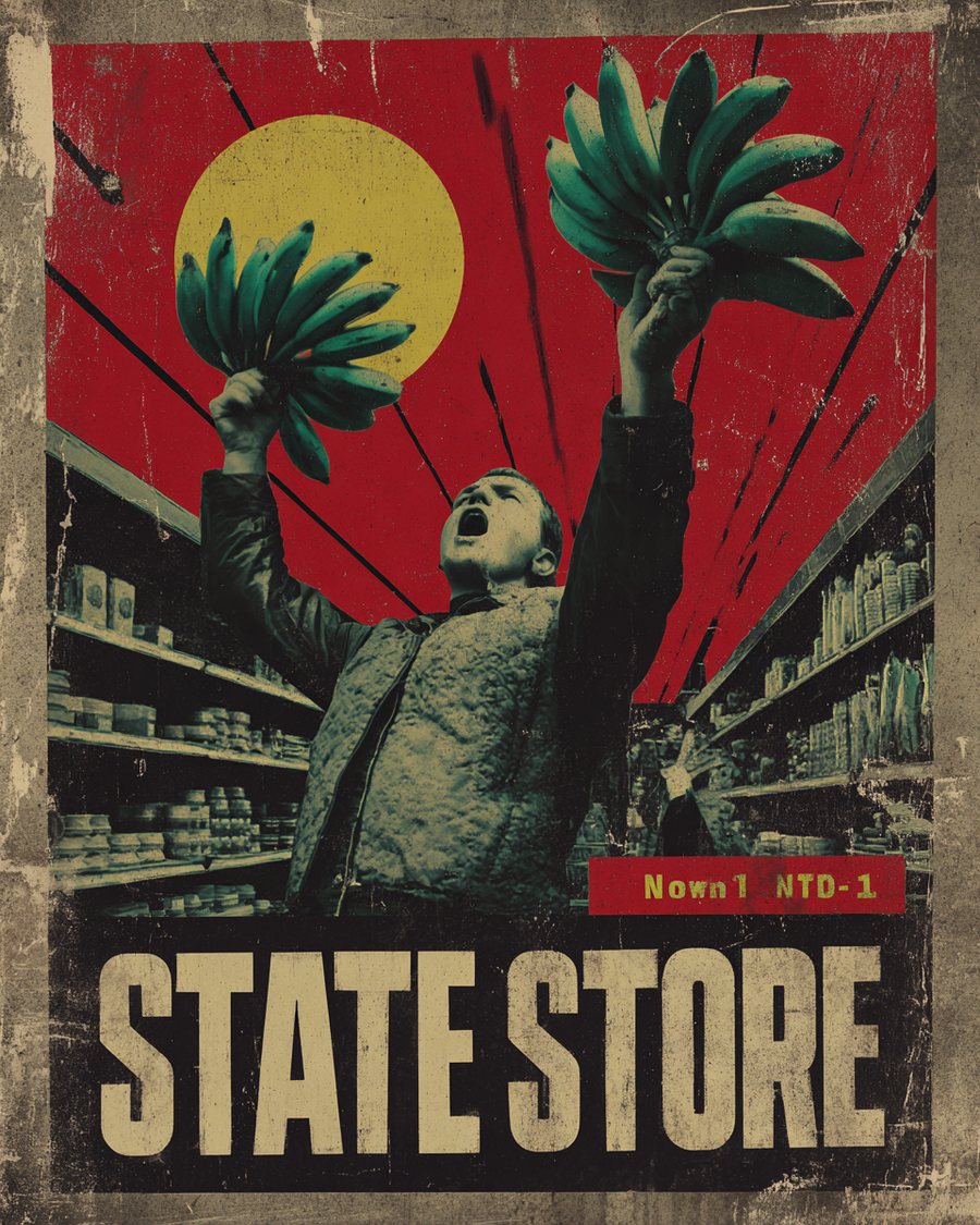 Constructivist propaganda poster of a figure raising bunches of green bananas beneath a yellow sun in a grocery aisle, headlined STATE STORE