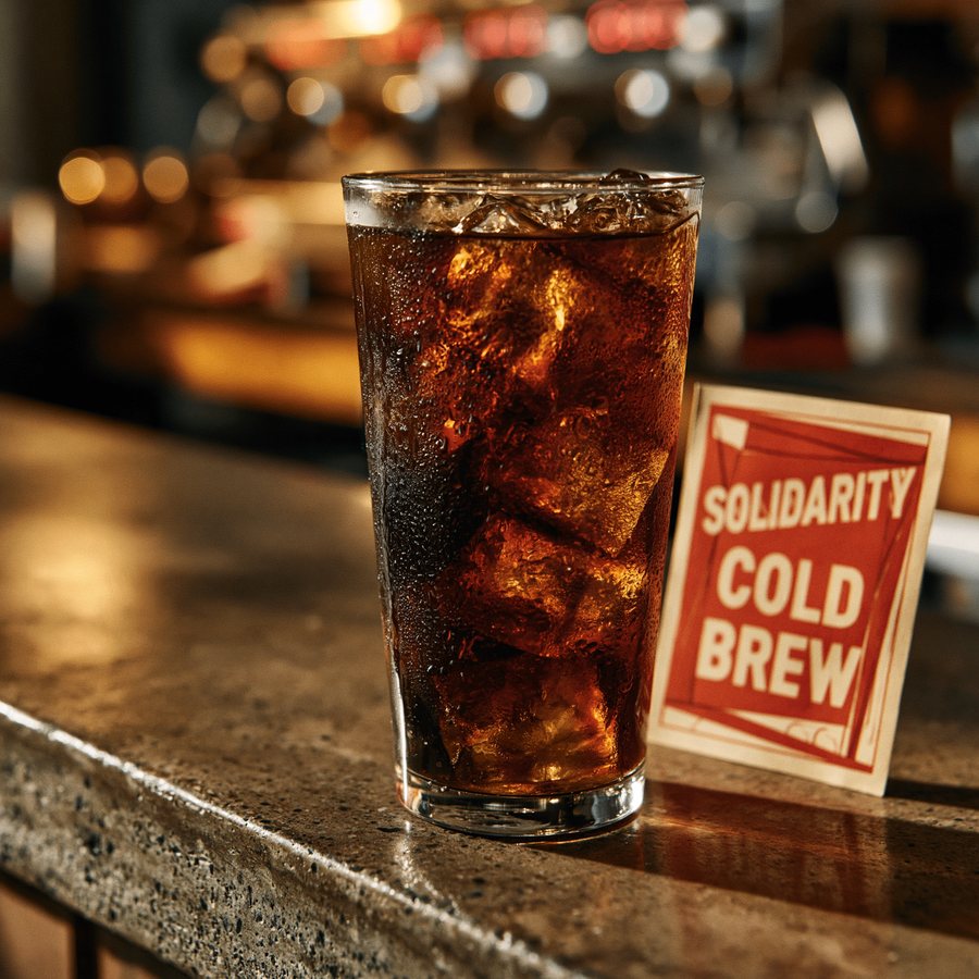 Tall glass of Solidarity Cold Brew over ice at Cafe Socialist