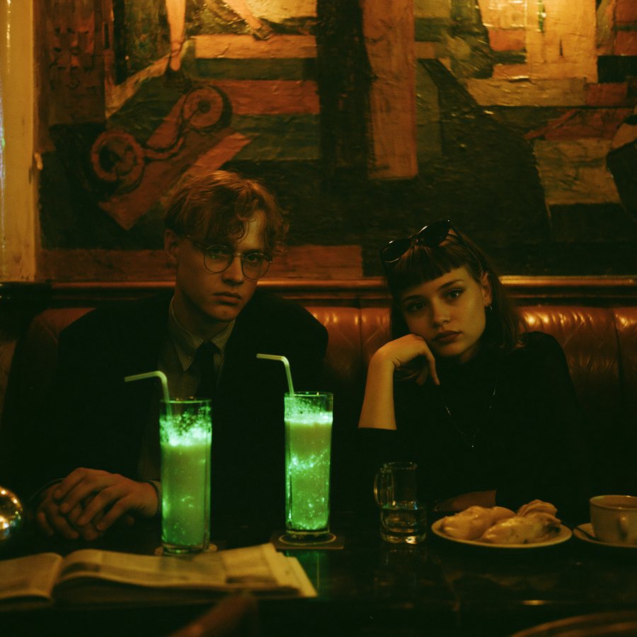 Two deadpan patrons in a dark booth lit only by the chartreuse glow of two tall glasses of The Critical Mass