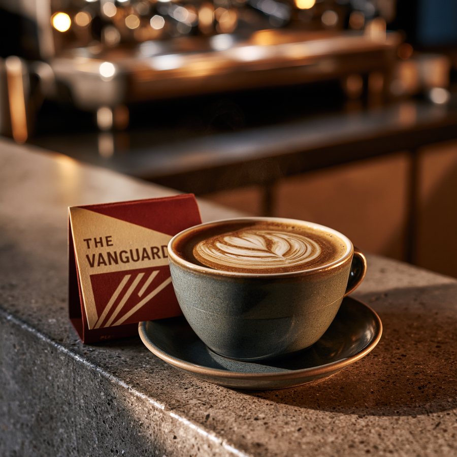 The Vanguard Flat White with rosetta latte art beside its menu card at Cafe Socialist