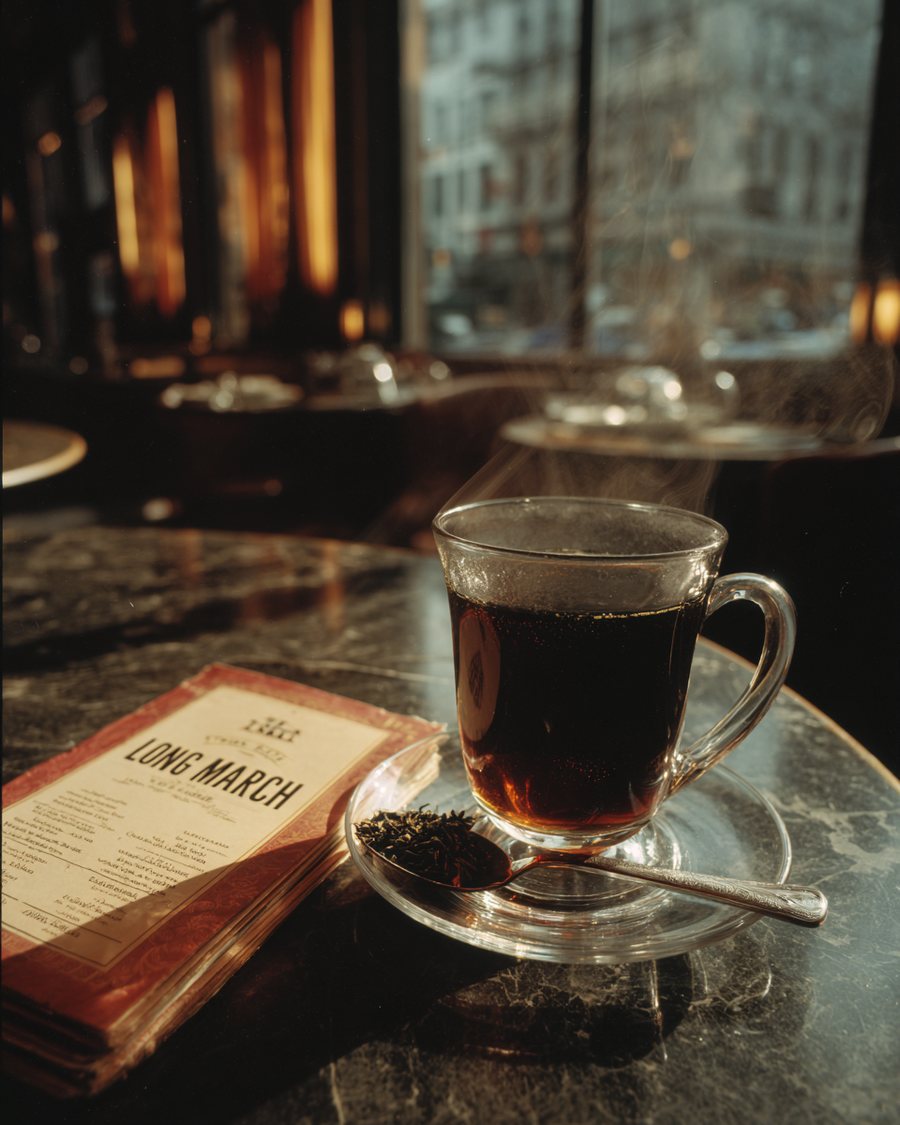 The Long March black tea steaming in a glass cup beside loose leaf and its LONG MARCH menu card at Cafe Socialist
