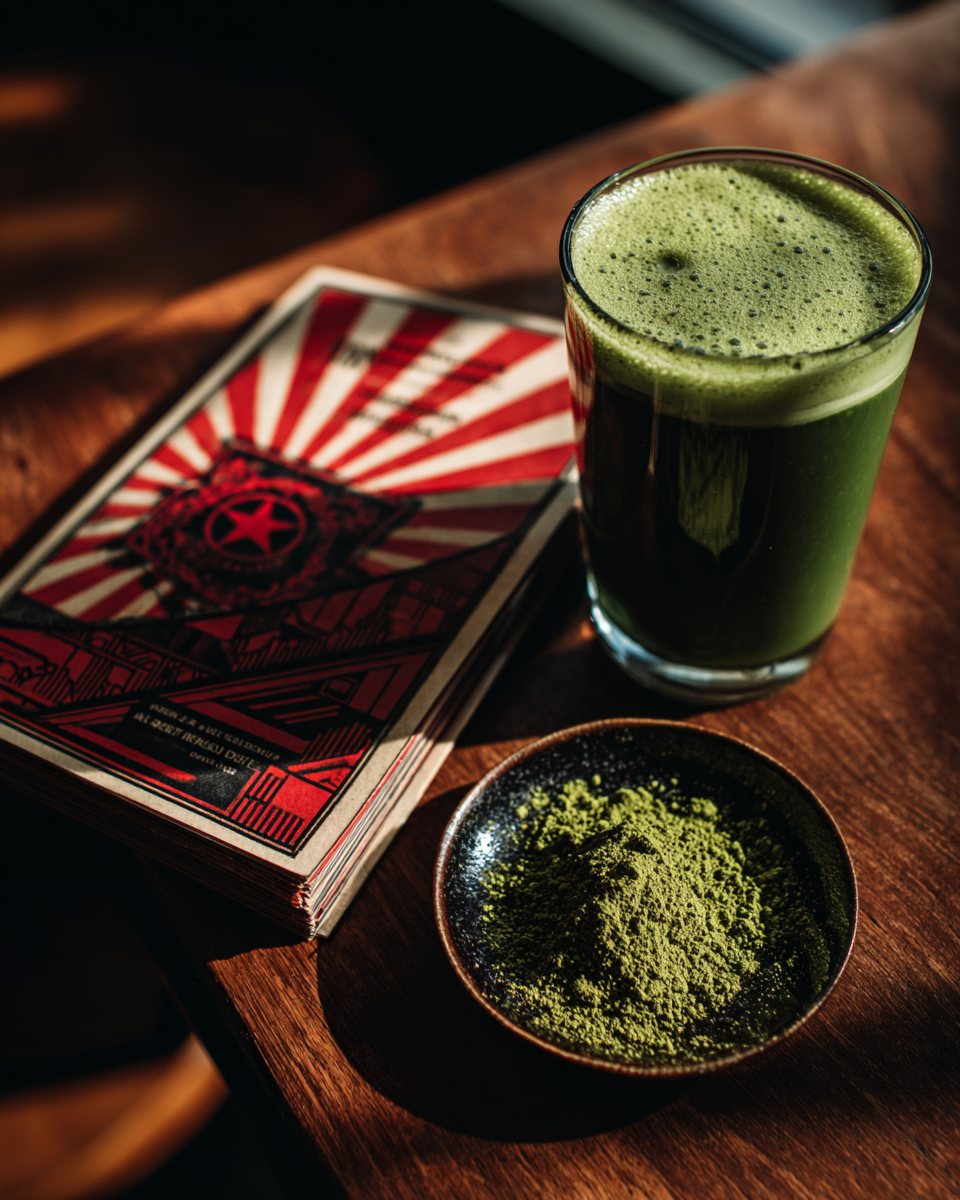 Permanent Revolution matcha latte with ceremonial matcha powder and a red-star card at Cafe Socialist