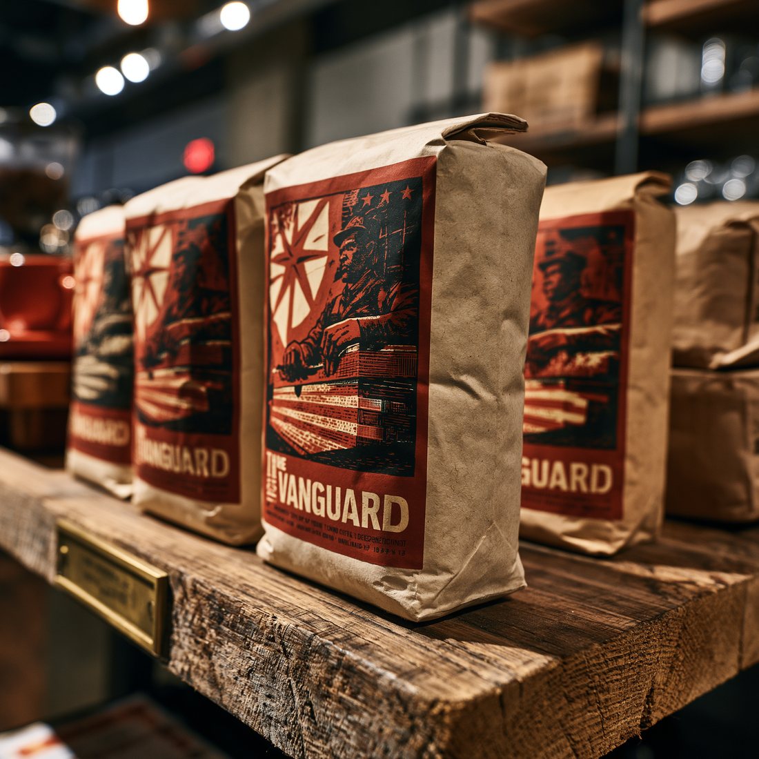 Bags of The Vanguard coffee beans on a wooden shelf