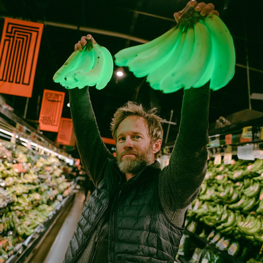 Chairman Chip in his fleece vest raising two bunches of glowing green bananas aloft in the produce aisle of State Store No. 1